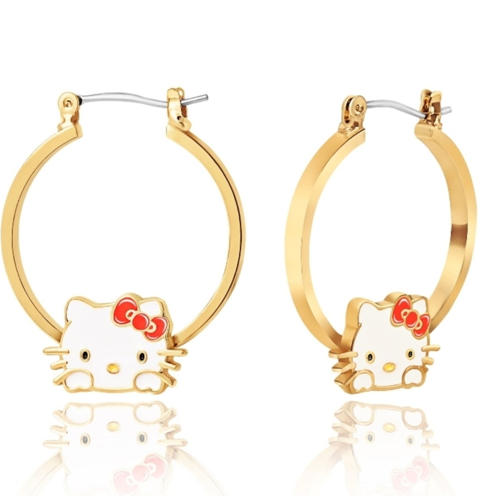 Sanrio Hello Kitty Womens Hoop Earrings Gold Flash Plated Enamel